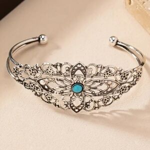 Vintage Inspired Tourquoise Accent Open Cuff Adjustable Bangle Bracelet Silver